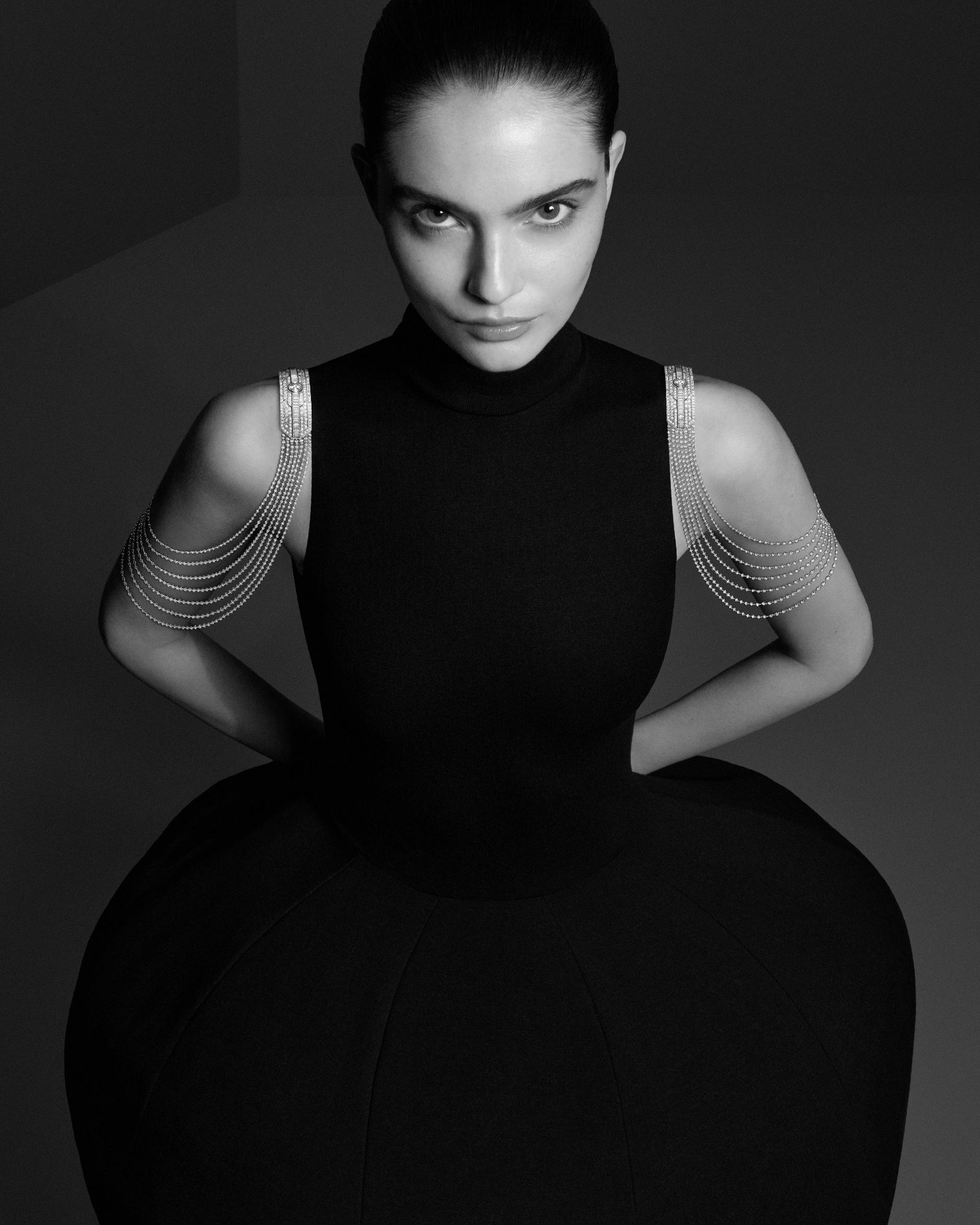 Image may contain Photography Face Head Person Portrait Adult Fashion Clothing Dress and Formal Wear